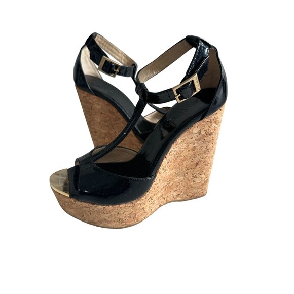 JIMMY CHOO Black Patent Leather Cork Wedges Sandals Size 36.5 - Picture 5 of 16